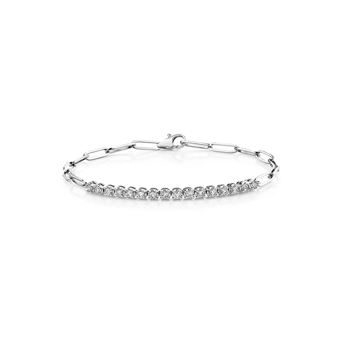 round diamond bar paperclip bracelet in white gold