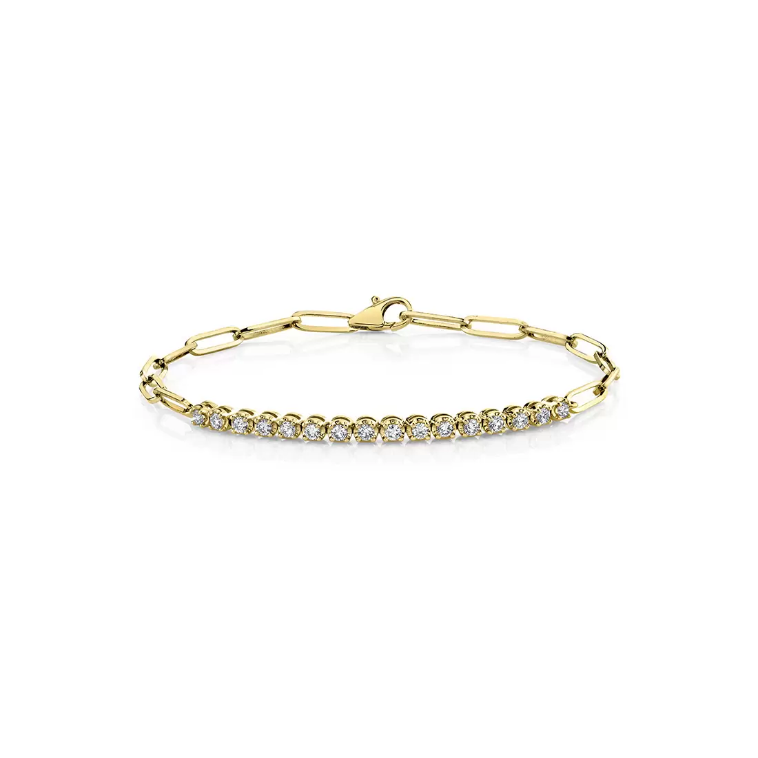 round tennis bar paperclip bracelet in yellow gold