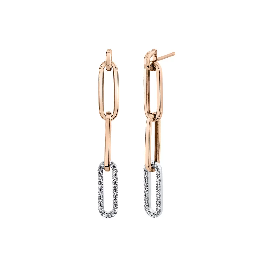 rose gold and white gold diamond paperclip dangle earrings
