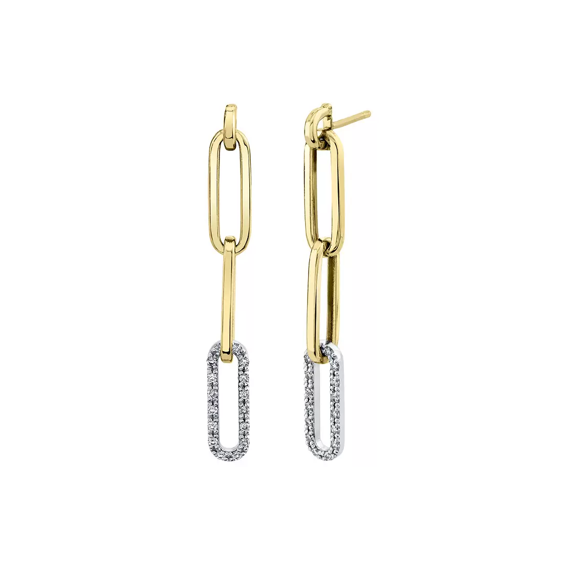 yellow gold and white gold two tone diamond paperclip dangle earrings