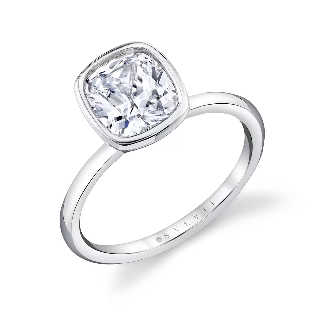 white gold cushion cut bezel set engagement ring