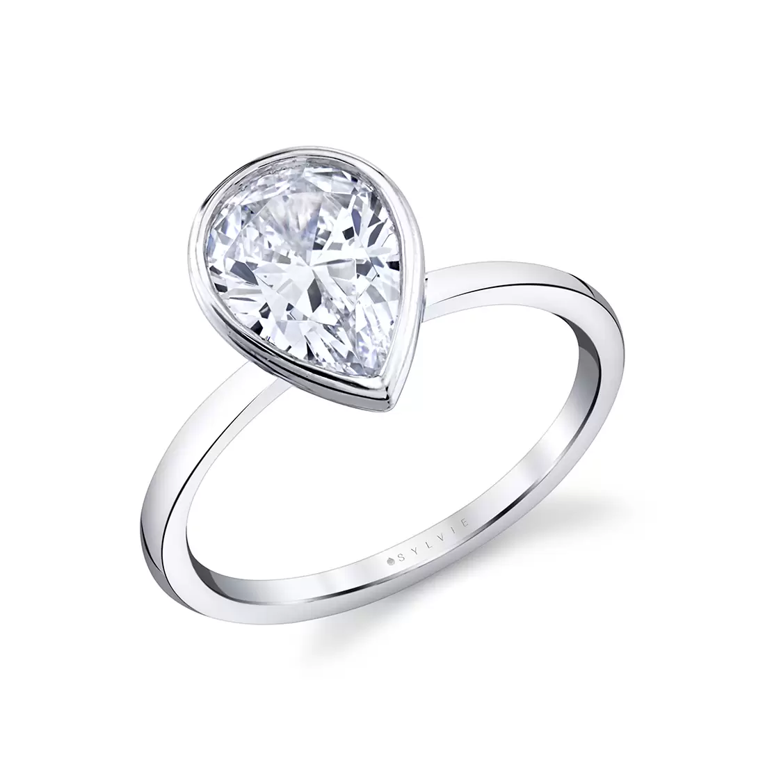 white gold pear shaped bezel set engagement ring
