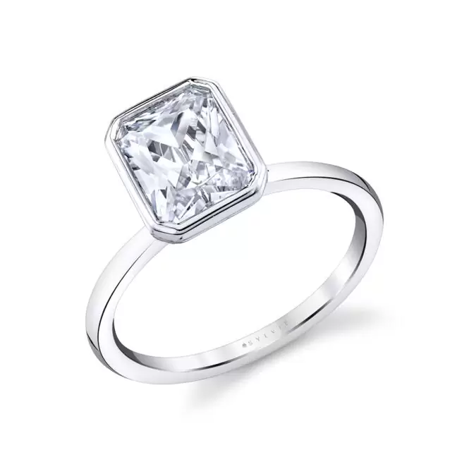 white gold radiant cut bezel set engagement ring