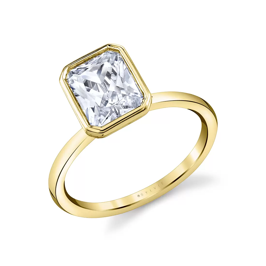 yellow gold radiant cut bezel set engagement ring