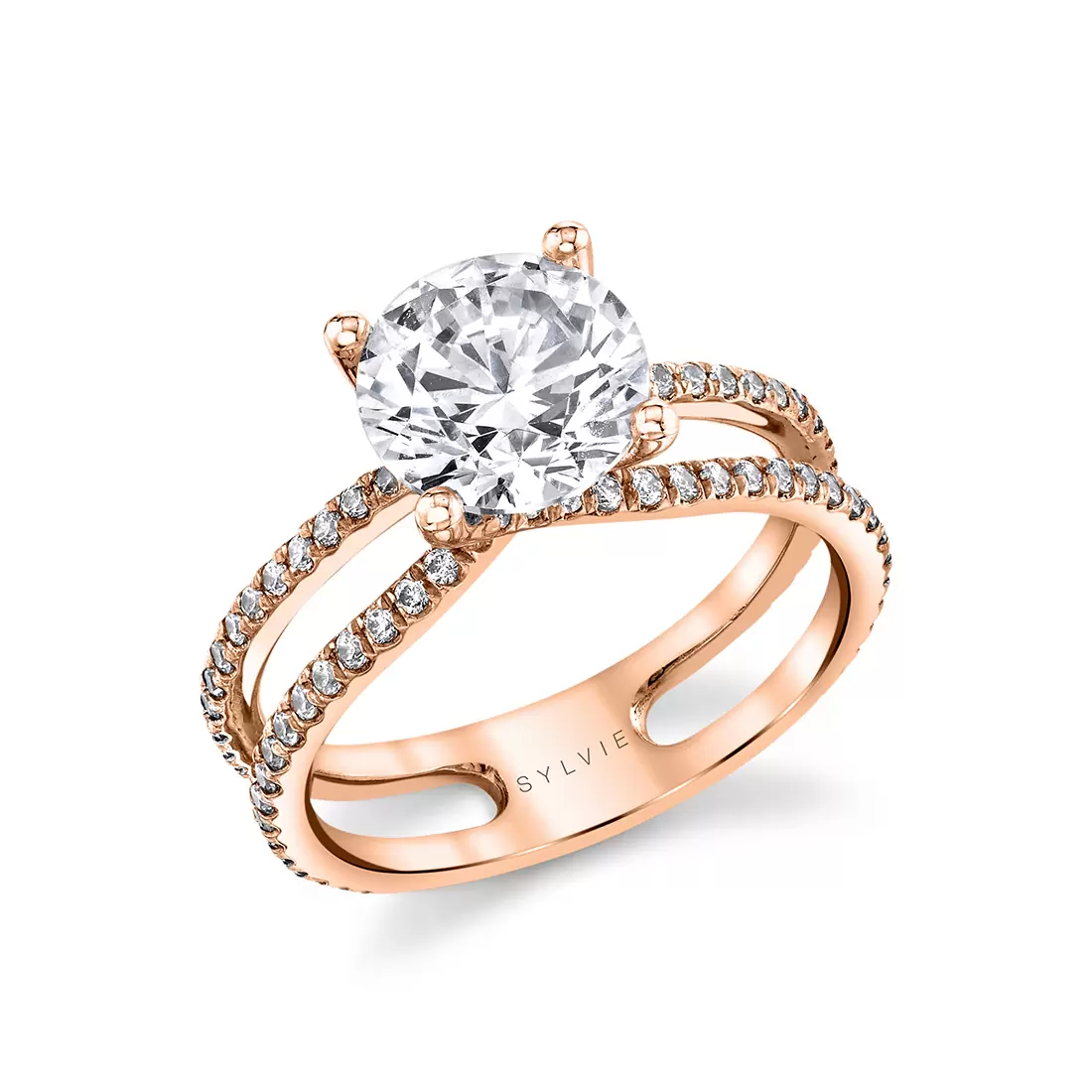rose gold round cut split shank engagement ring
