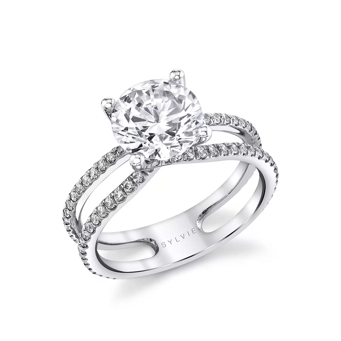 white gold round cut split shank engagement ring