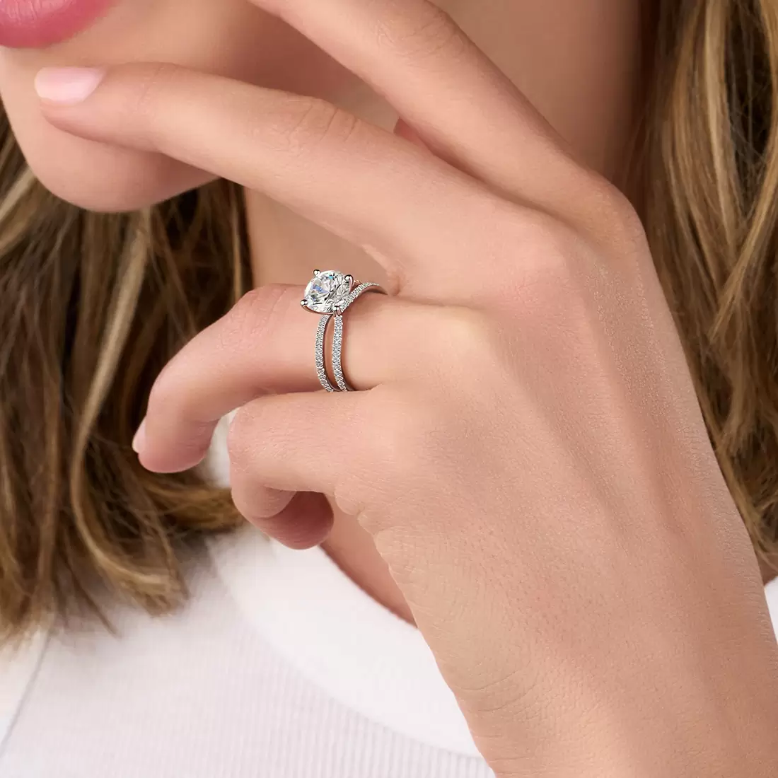 White Gold Round Cut Split Shank Engagement Ring - Daniella - Lifestyle Image