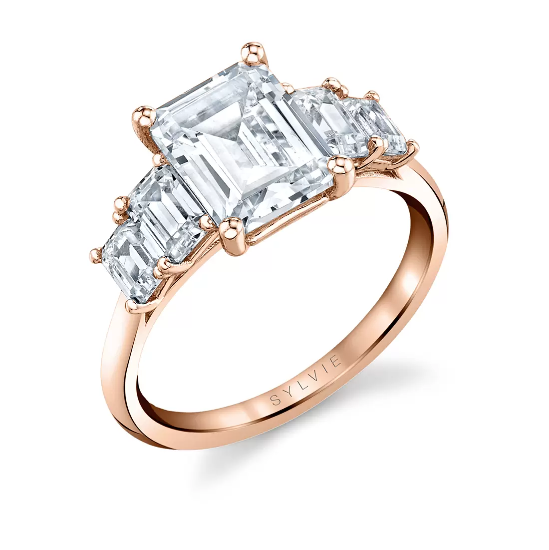 rose gold emerald cut five stone engagement ring