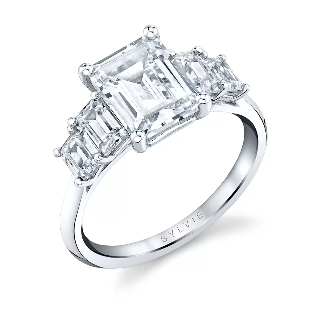 white gold emerald cut five stone engagement ring