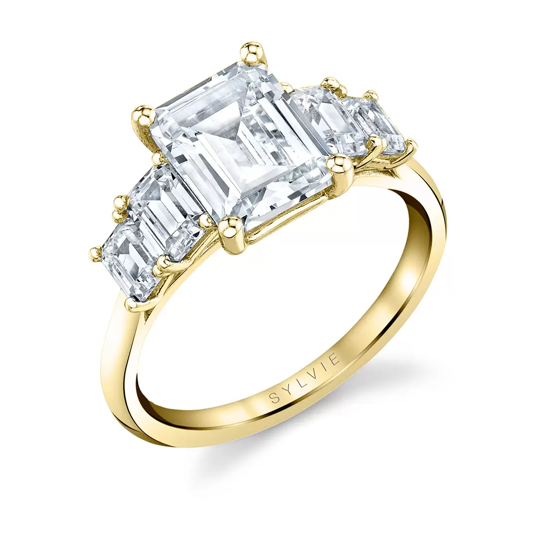 yellow gold emerald cut five stone engagement ring