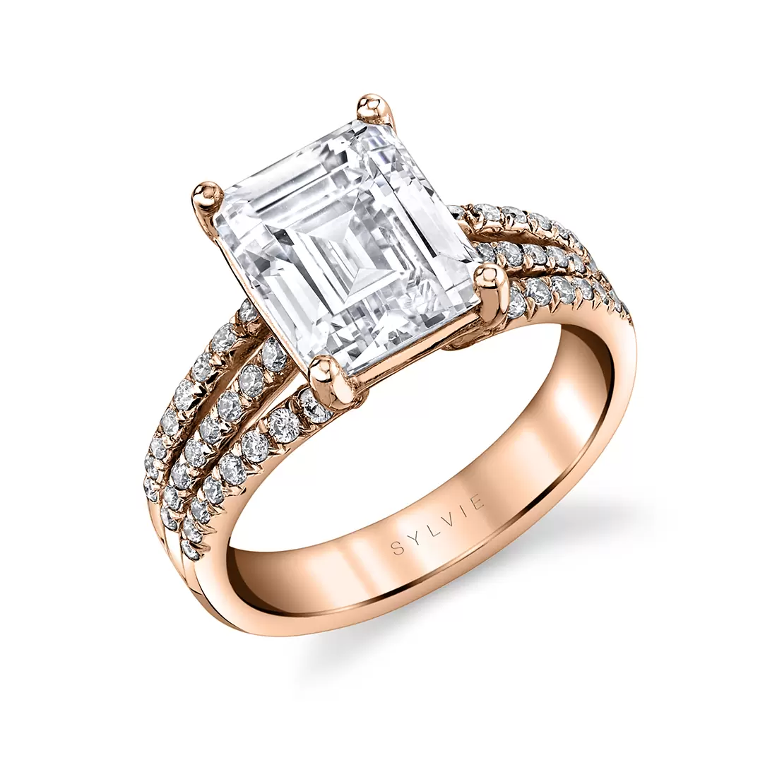 rose gold emerald cut split shank engagement ring florencia