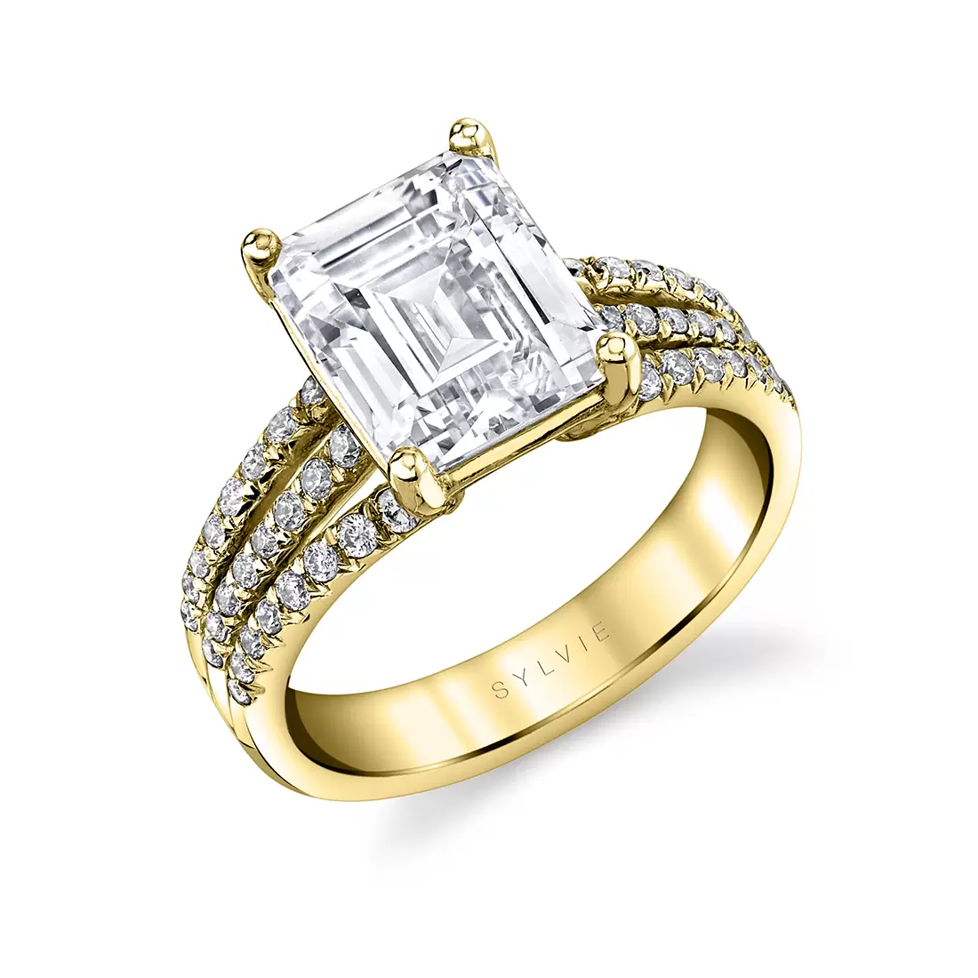 yellow gold emerald cut split shank engagement ring florencia