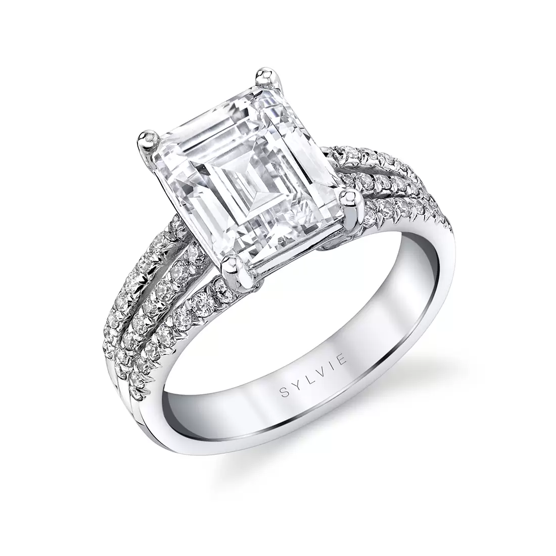 white gold emerald cut split shank engagement ring florencia