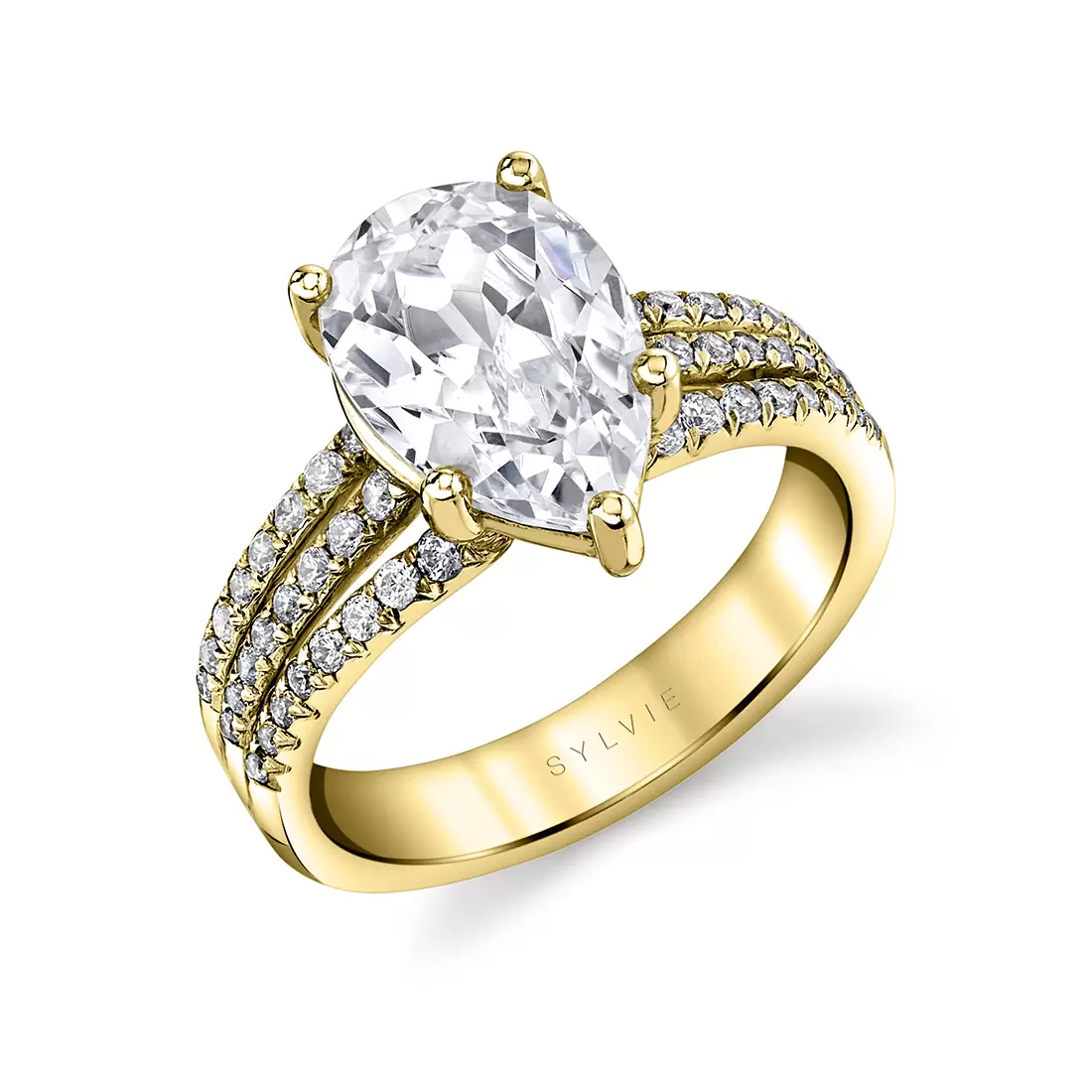 yellow gold pear cut split shank engagement ring florencia