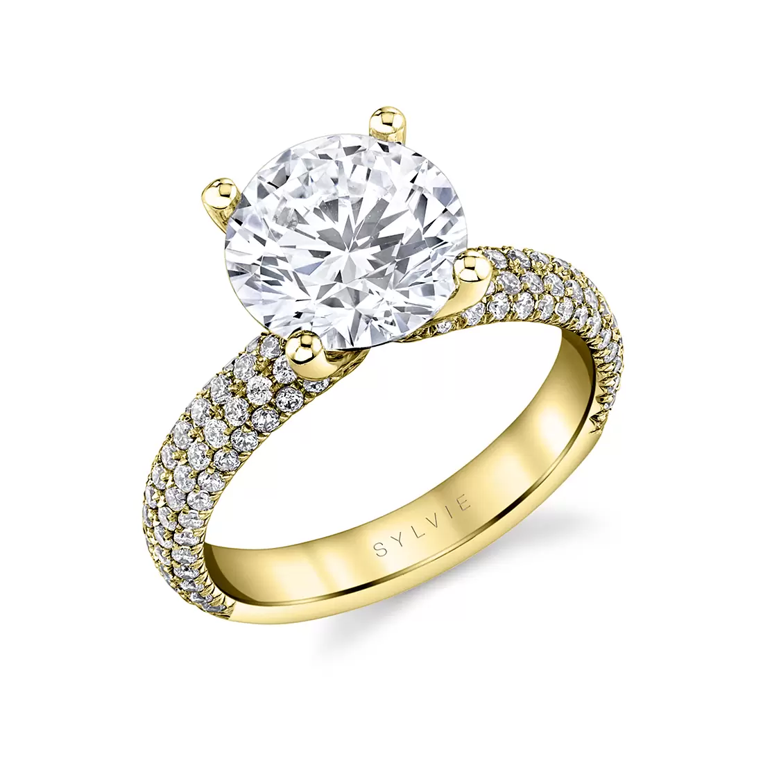 yellow gold round cut micro pave engagement ring ursula