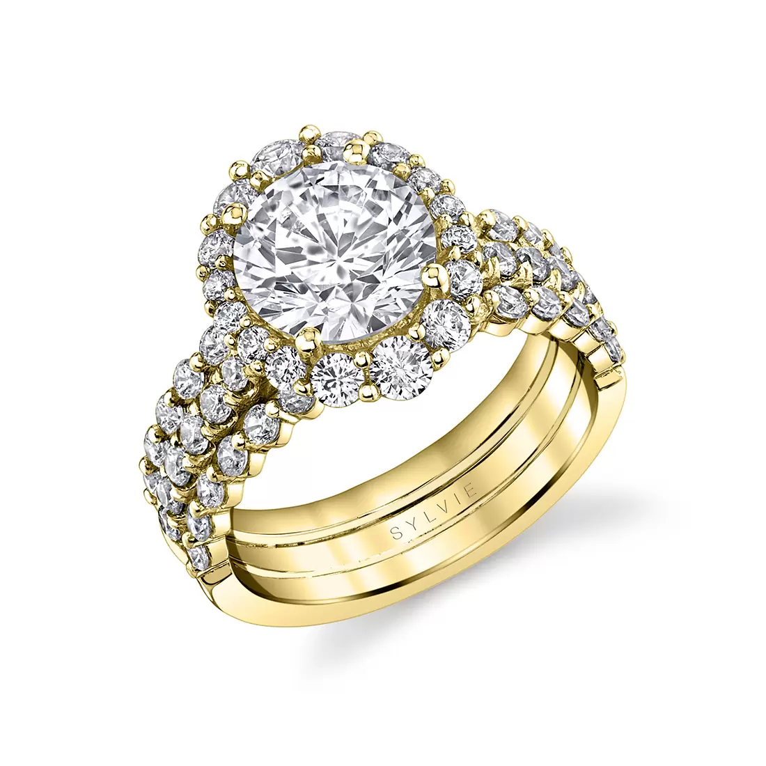 yellow gold split shank halo engagement ring