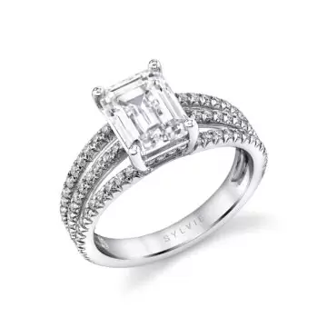 White Gold Emerald Cut Classic Split Shank Engagement Ring - Ainsley