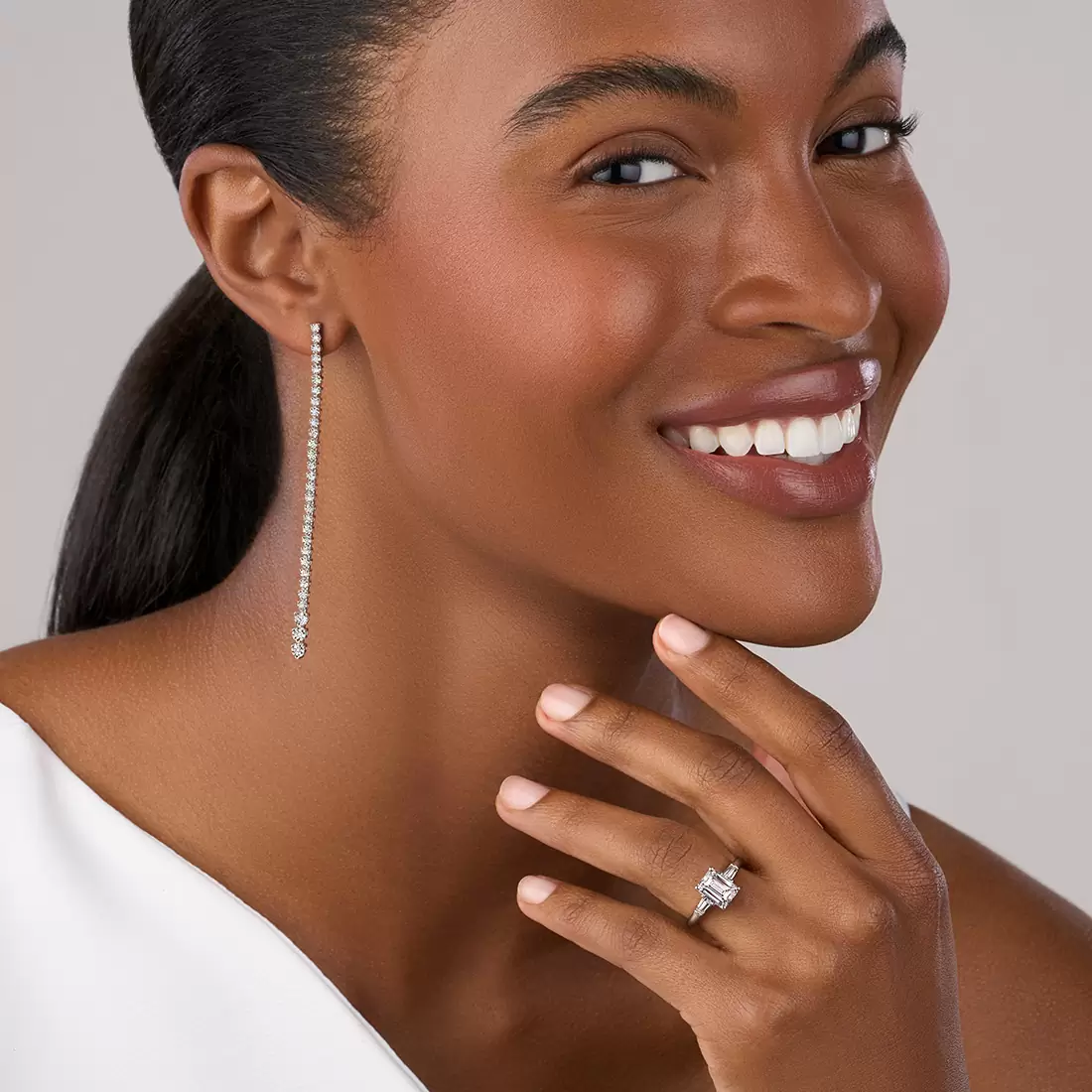 White Gold Diamond Dangle Earrings - Lifestyle Image - Lifestyle Image