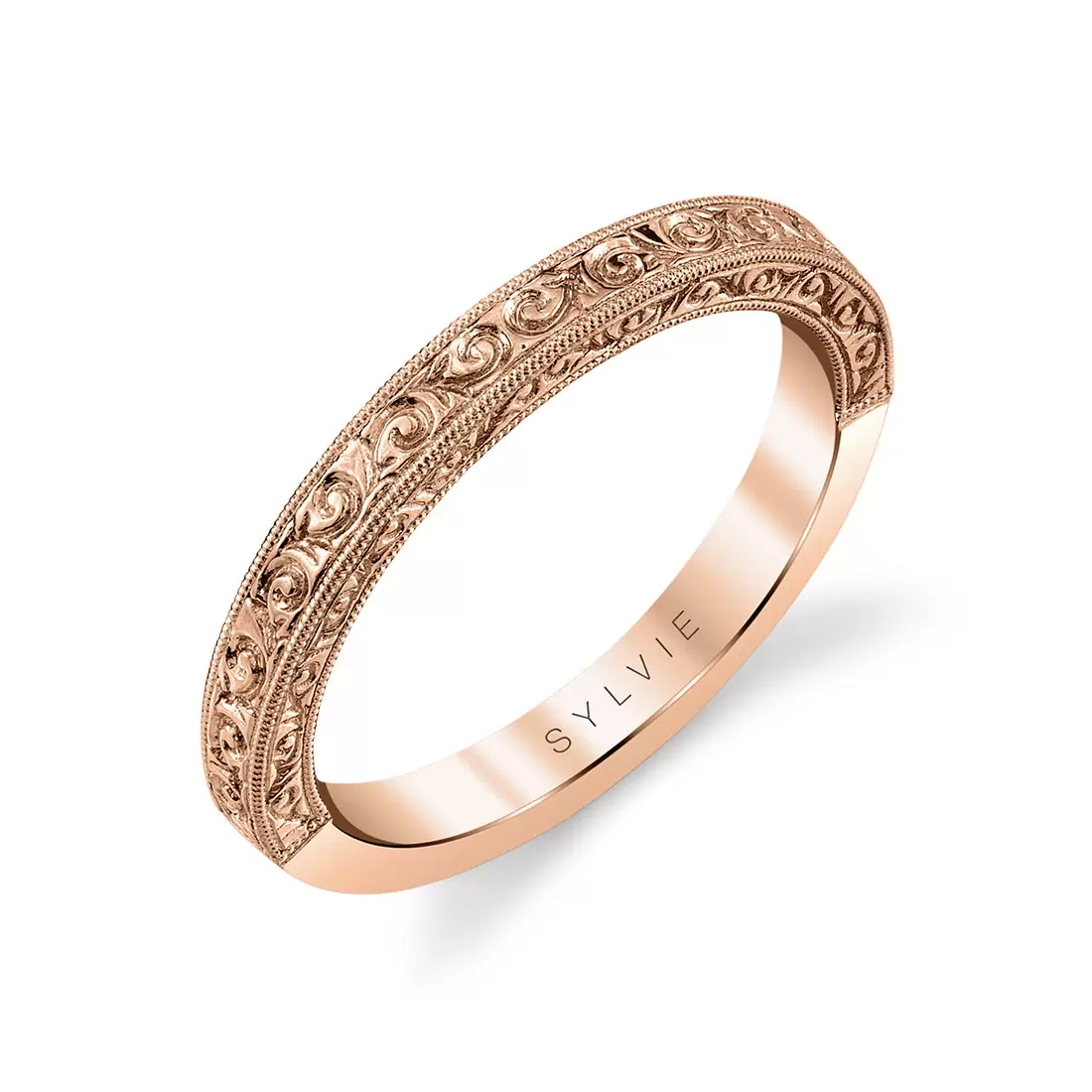 Rose gold vintage engraved wedding ring.