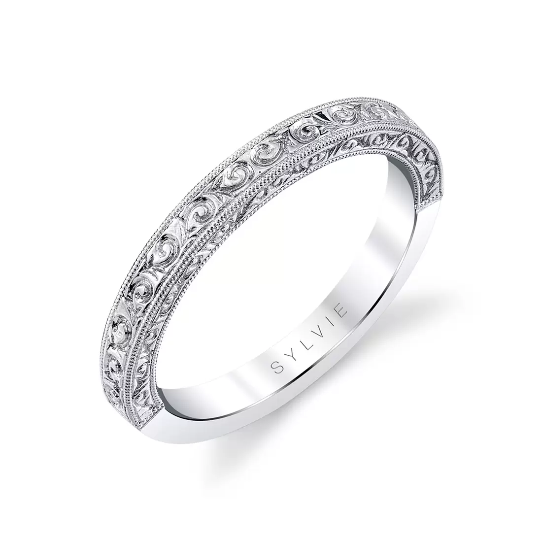 White gold vintage engraved wedding ring.