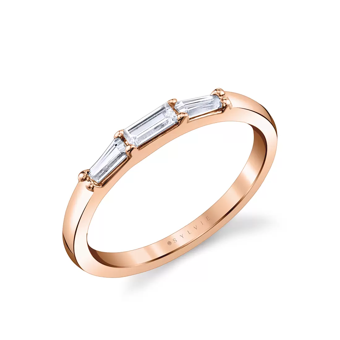 three stone prong set baguette wedding ring in rose gold