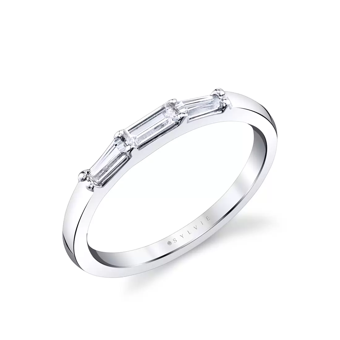 three stone prong set baguette wedding ring in white gold
