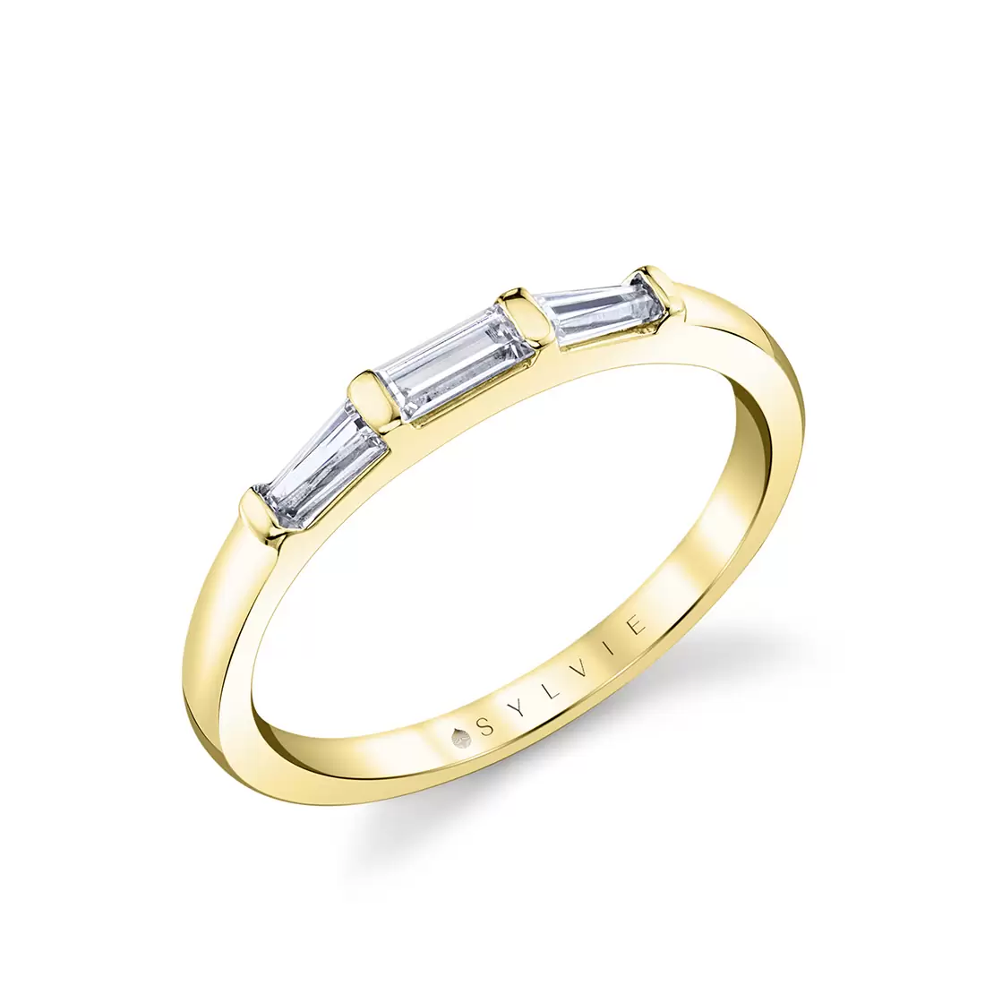 three stone bar set baguette wedding ring in yellow gold