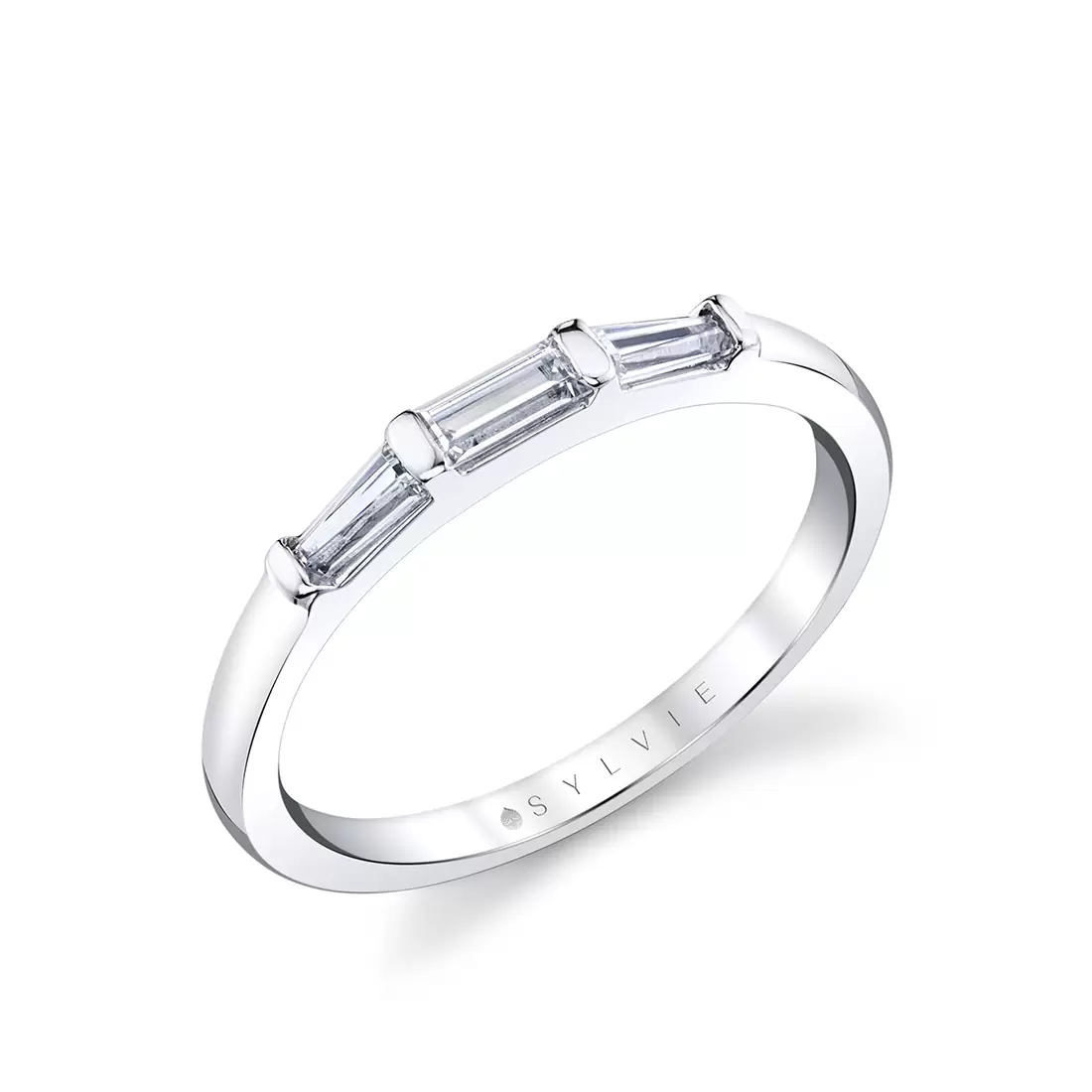 three stone bar set baguette wedding ring in white gold