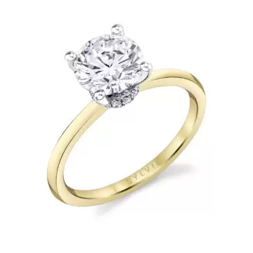 White Gold/Yellow Gold Round Cut Solitaire Hidden Halo Collar Engagement Ring - Nova