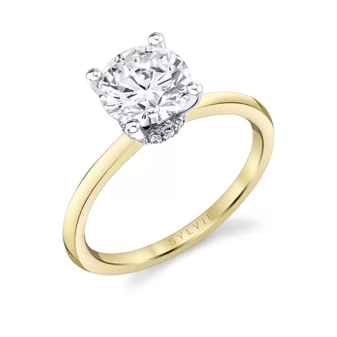 Yellow Gold Round Cut Solitaire Hidden Halo Collar Engagement Ring Two Tone