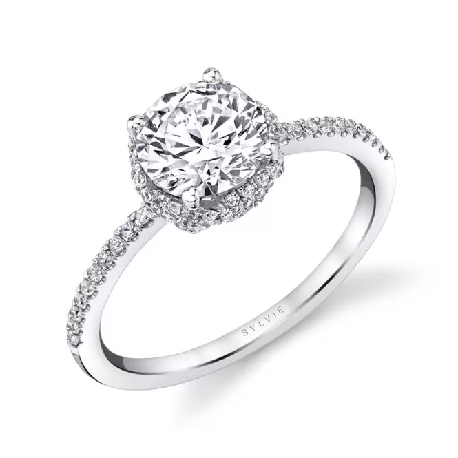 White Gold Round Cut Classic Spiral Hidden Halo Engagement Ring