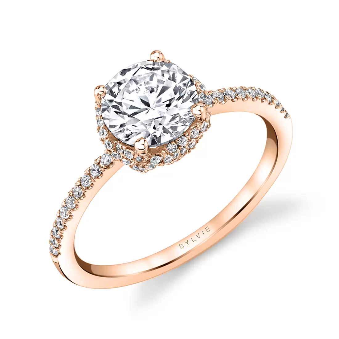 rose gold classic spiral hidden halo engagement ring