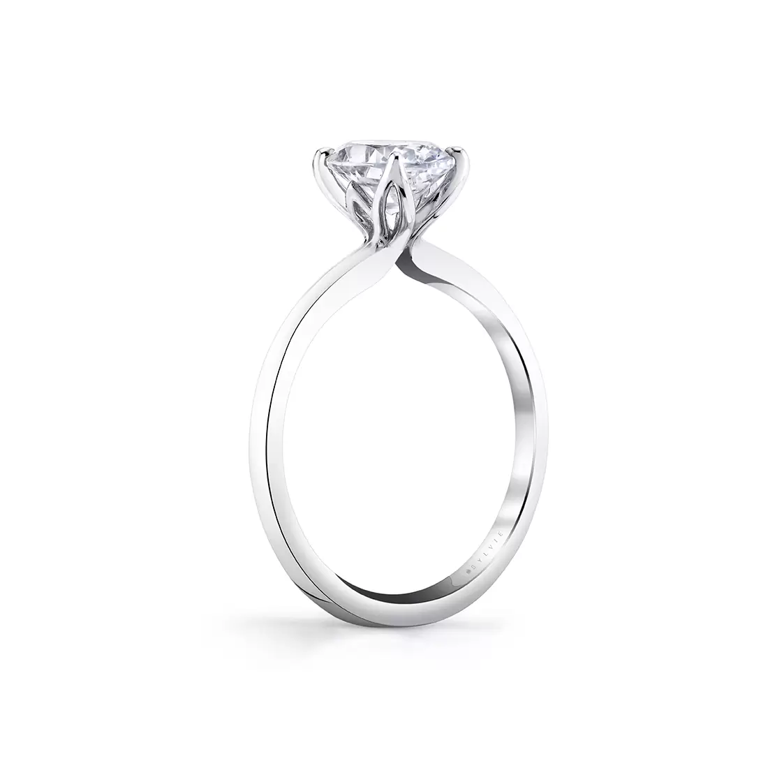 white gold solitaire petal prong engagement ring turned profile view