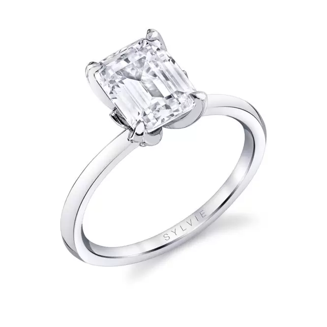 White Gold Emerald Cut Solitaire Diamond Petal Prong Engagement Ring