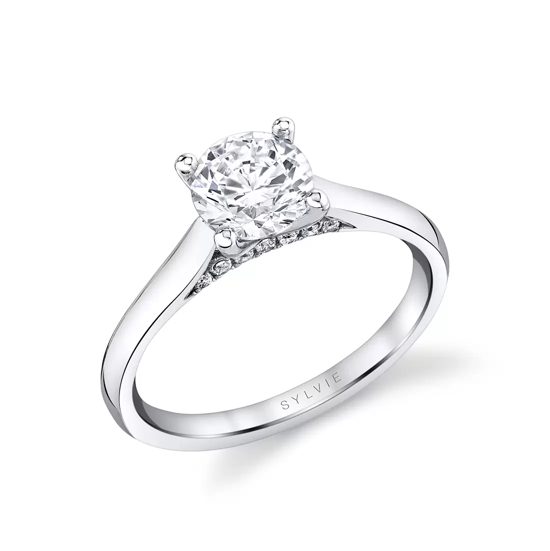 White Gold Round Cut Diamond Bridge Solitaire Engagement Ring - Leslie