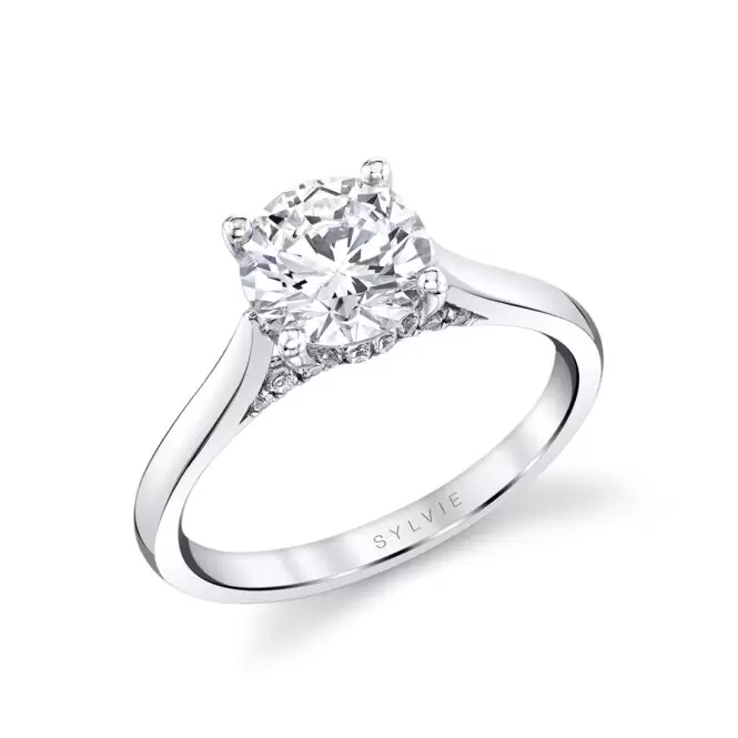 White Gold Round Cut Diamond Bridge Hidden Halo Engagement Ring
