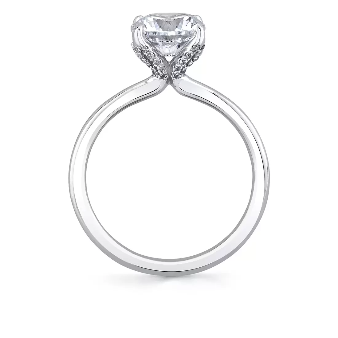 white gold solitaire diamond petal prong engagement ring profile view
