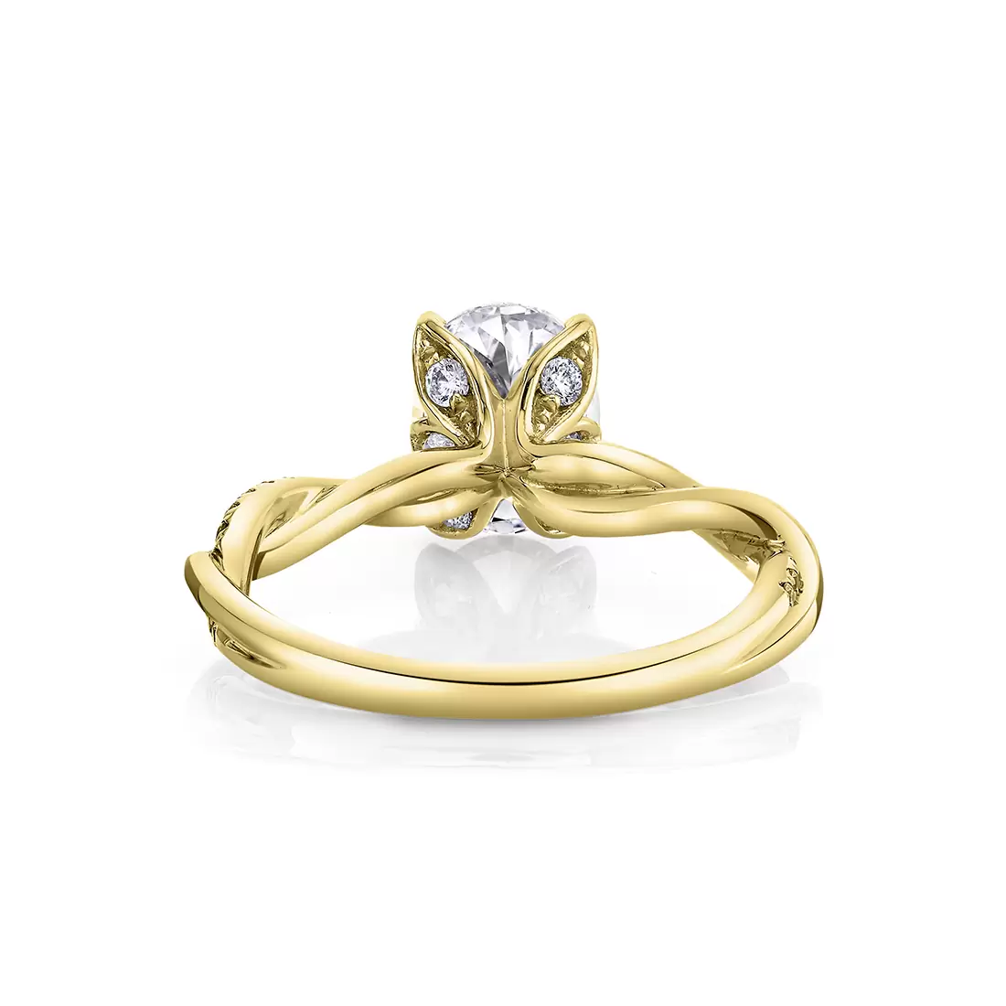 yellow gold spiral diamond petal prong engagement ring back view
