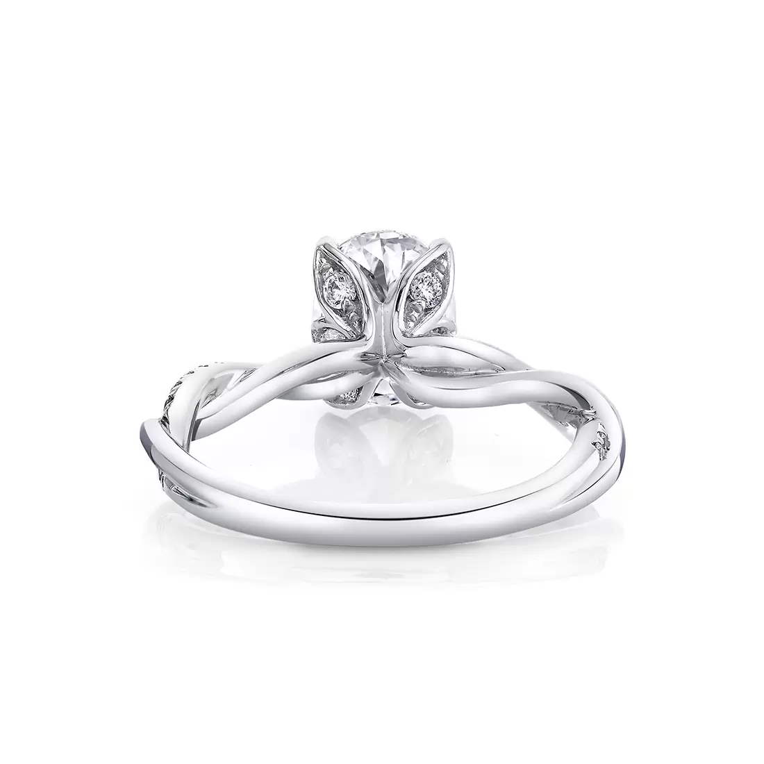white gold spiral diamond petal prong engagement ring back view