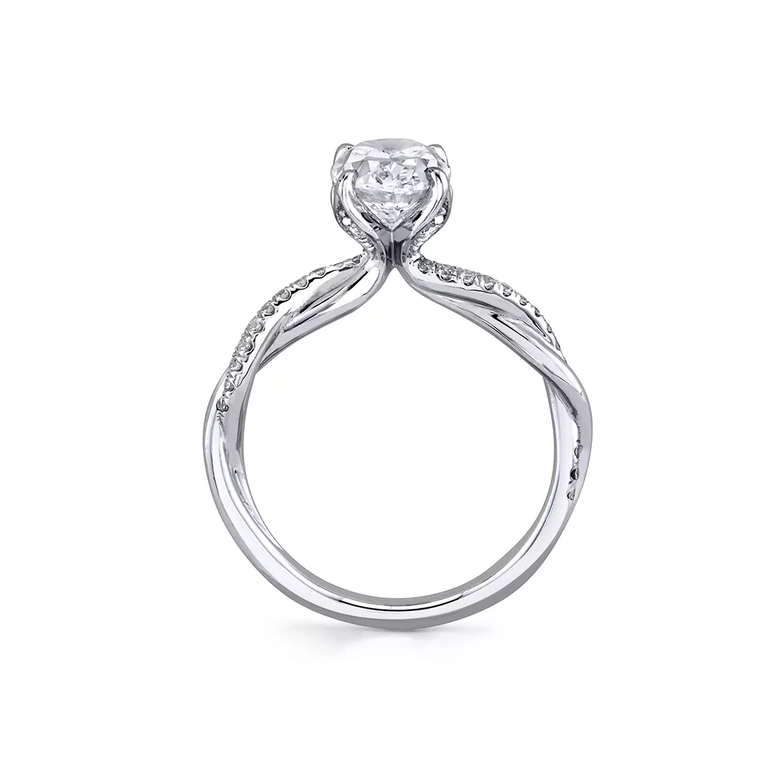 white gold spiral diamond petal prong engagement ring profile view