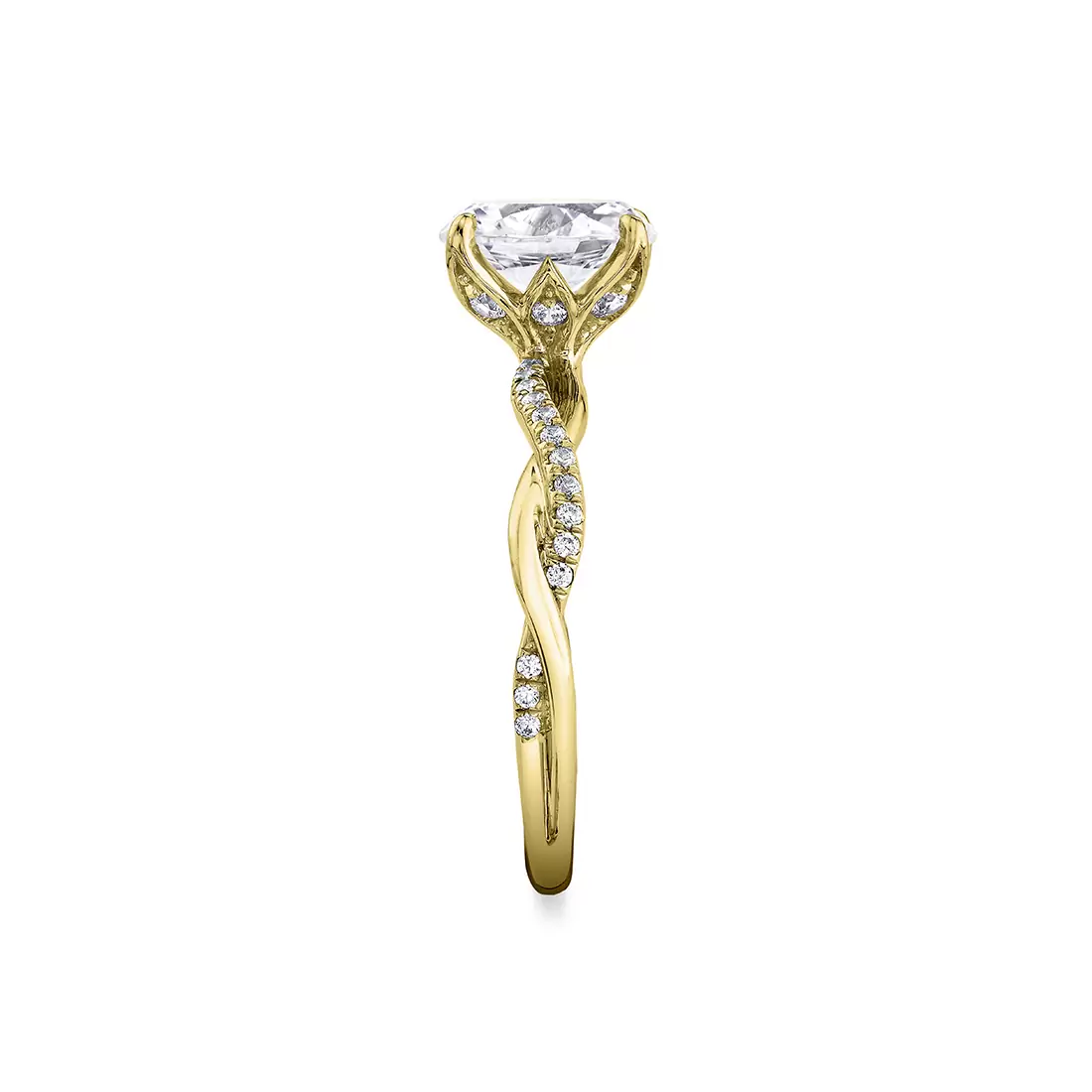 yellow gold spiral diamond petal prong engagement ring side view