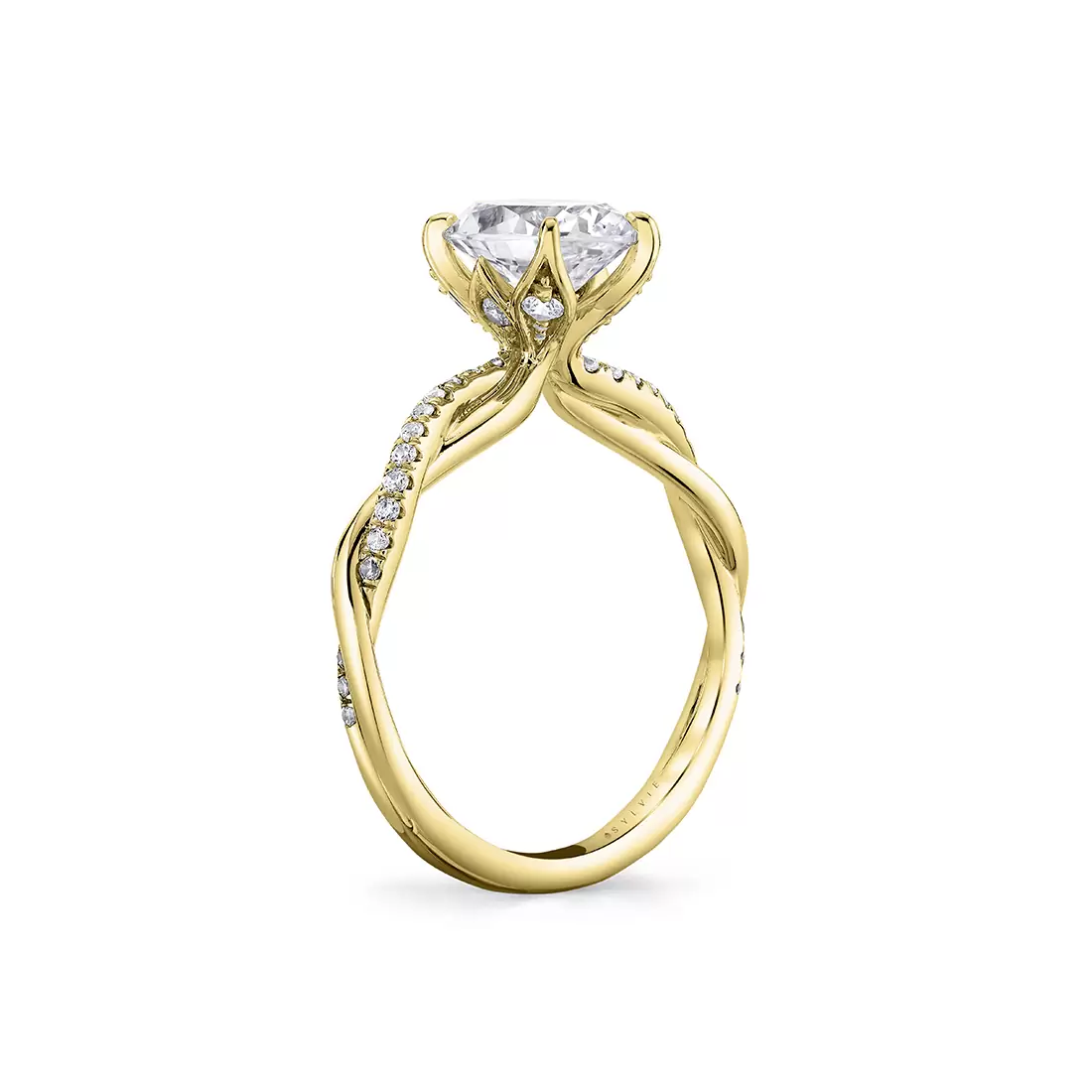 yellow gold spiral diamond petal prong engagement ring turned view