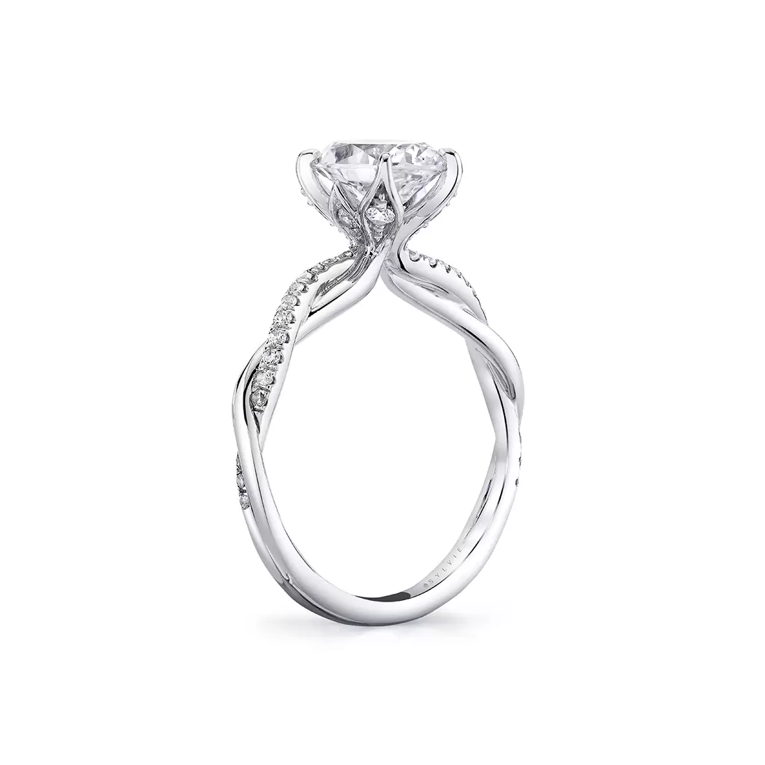white gold spiral diamond petal prong engagement ring turned view