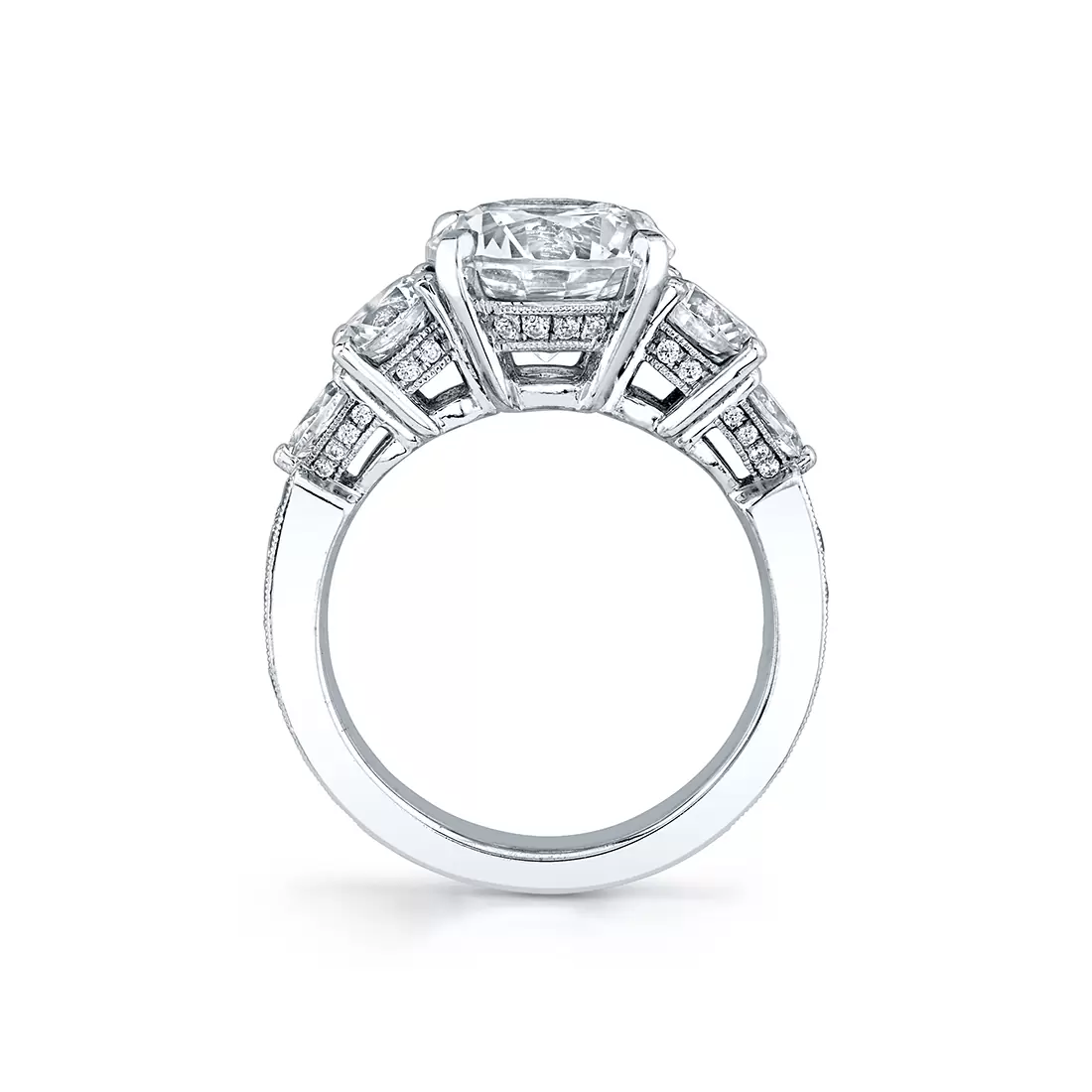 white gold three stone engagement ring profile view