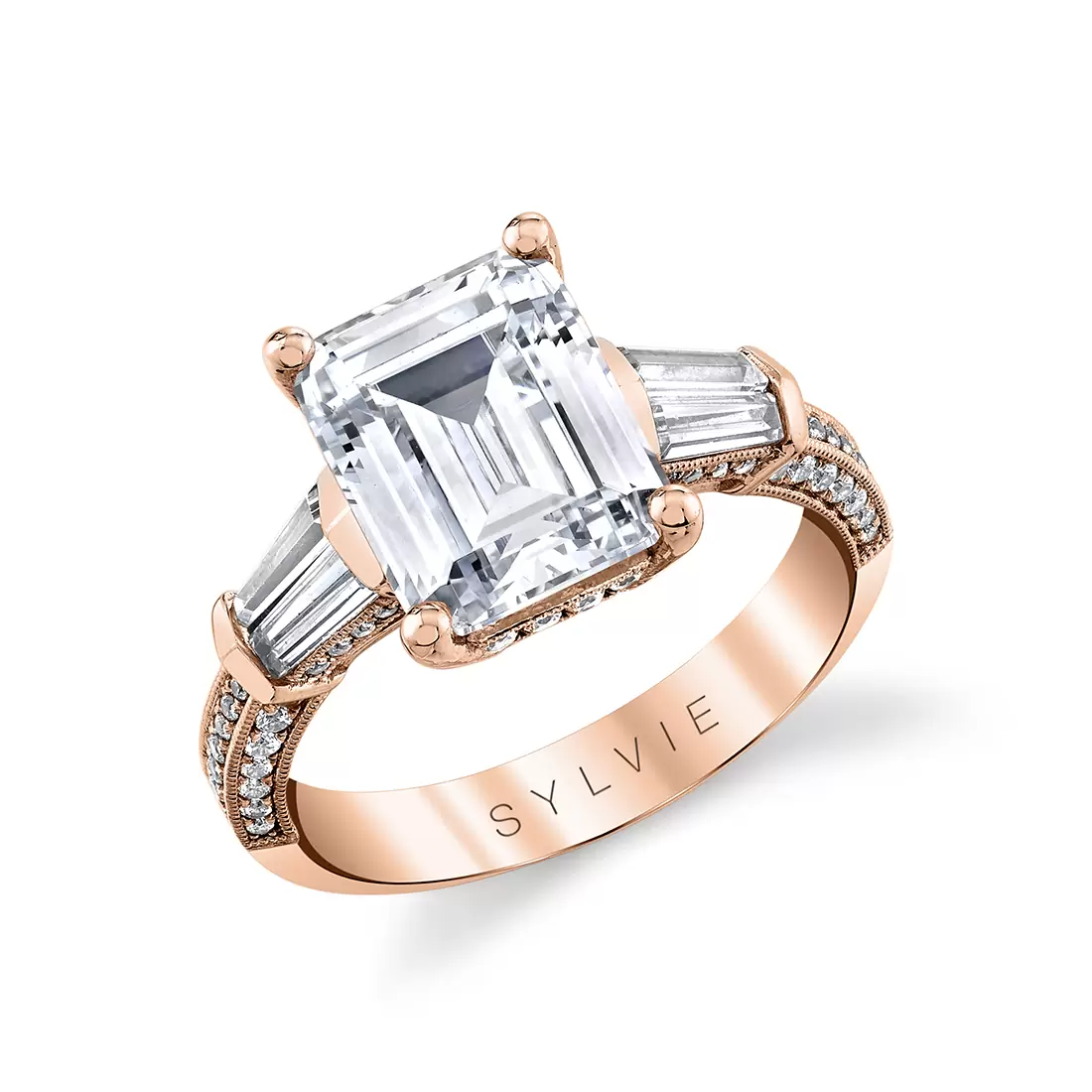 White Gold Emerald Cut Three Stone Engagement Ring - Alexis
