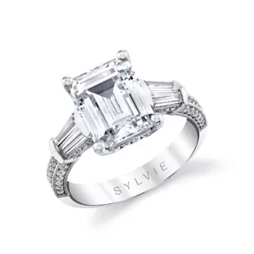 White Gold Emerald Cut Three Stone Engagement Ring - Alexis