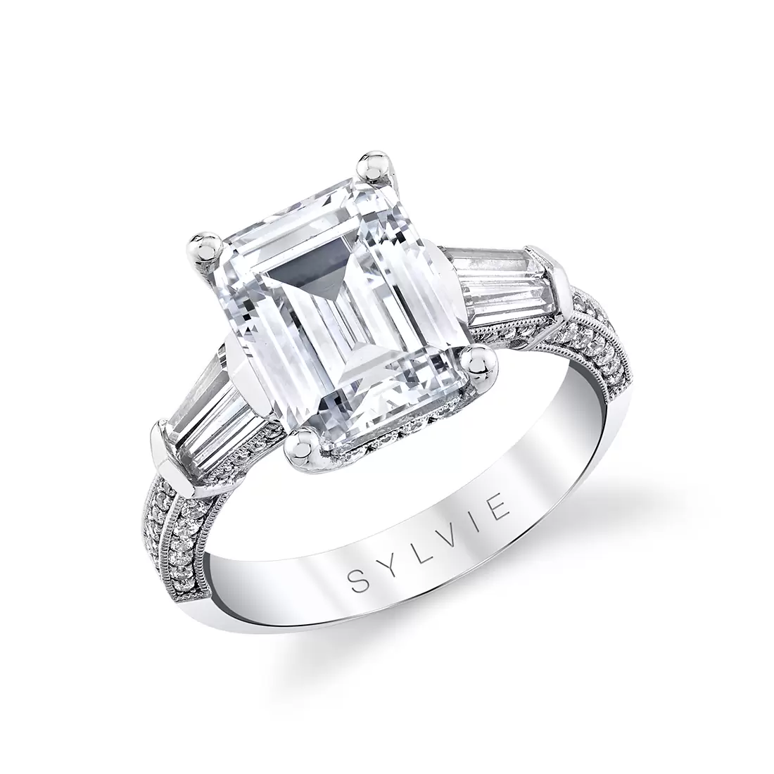 White Gold Emerald Cut Three Stone Engagement Ring - Alexis