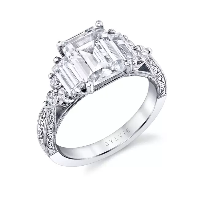 White Gold Emerald Cut Three Stone Modern Vintage Engagement Ring