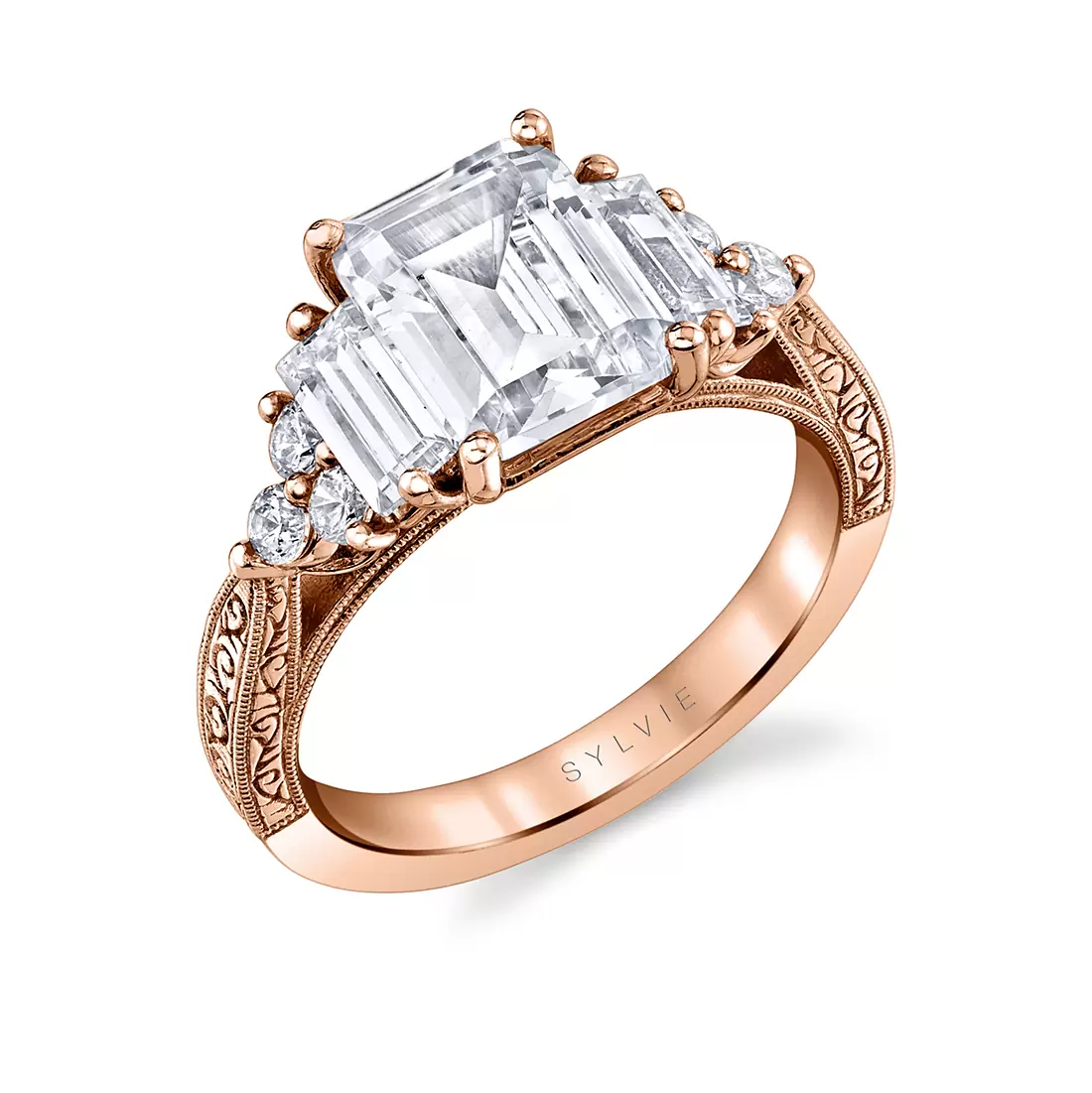 rose gold three stone modern vintage engagement ring