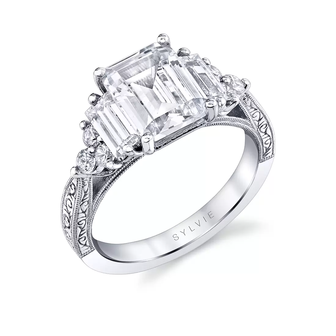 white gold three stone modern vintage engagement ring